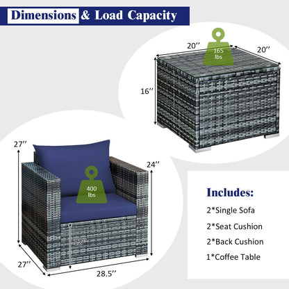 3 Pcs Patio Rattan Furniture Bistro Sofa Set with Cushioned, Navy Patio Conversation Sets at Gallery Canada