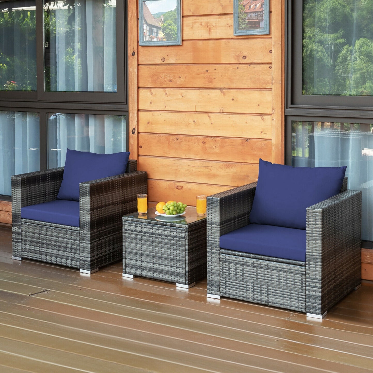 3 Pcs Patio Rattan Furniture Bistro Sofa Set with Cushioned, Navy Patio Conversation Sets at Gallery Canada
