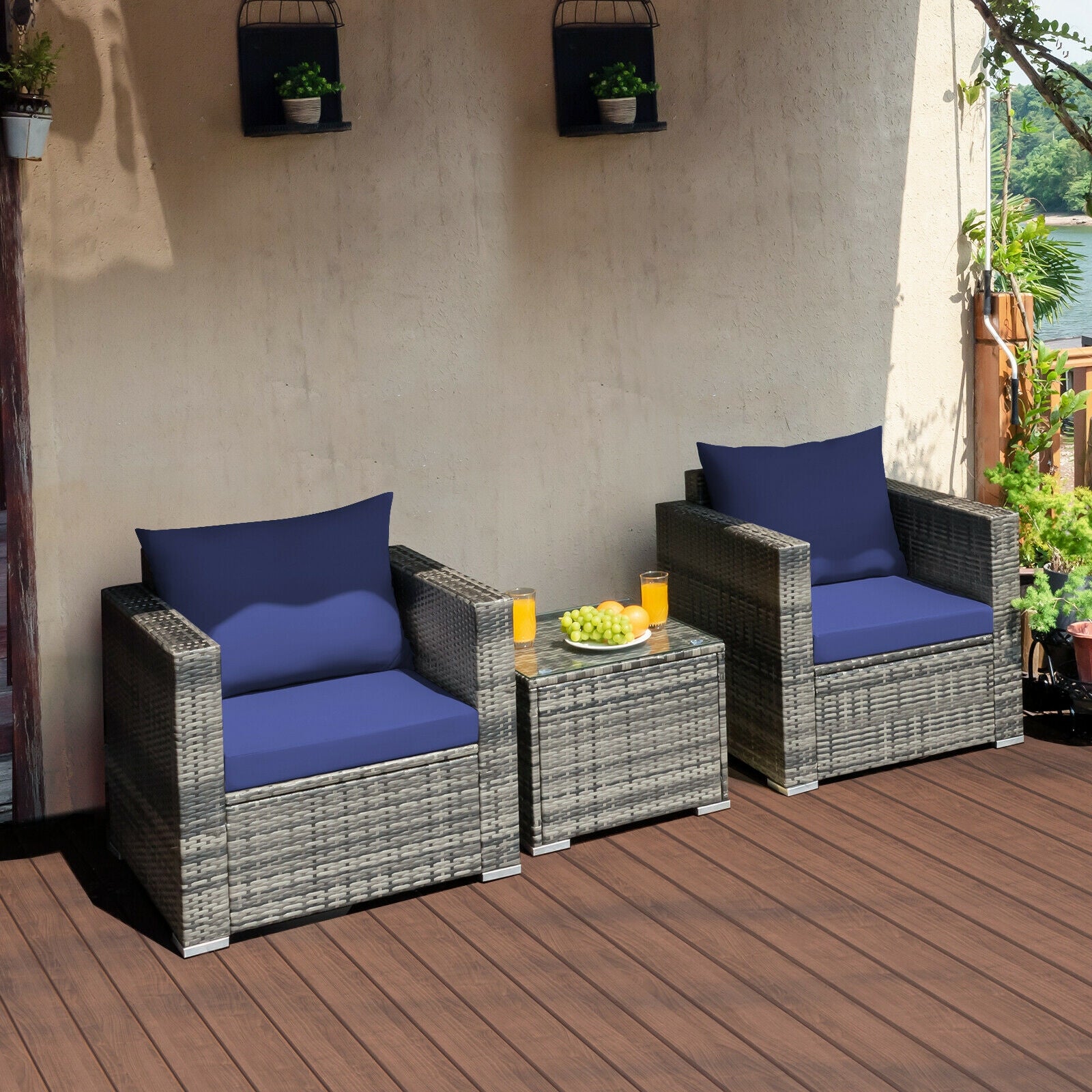 3 Pcs Patio Rattan Furniture Bistro Sofa Set with Cushioned, Navy Patio Conversation Sets at Gallery Canada