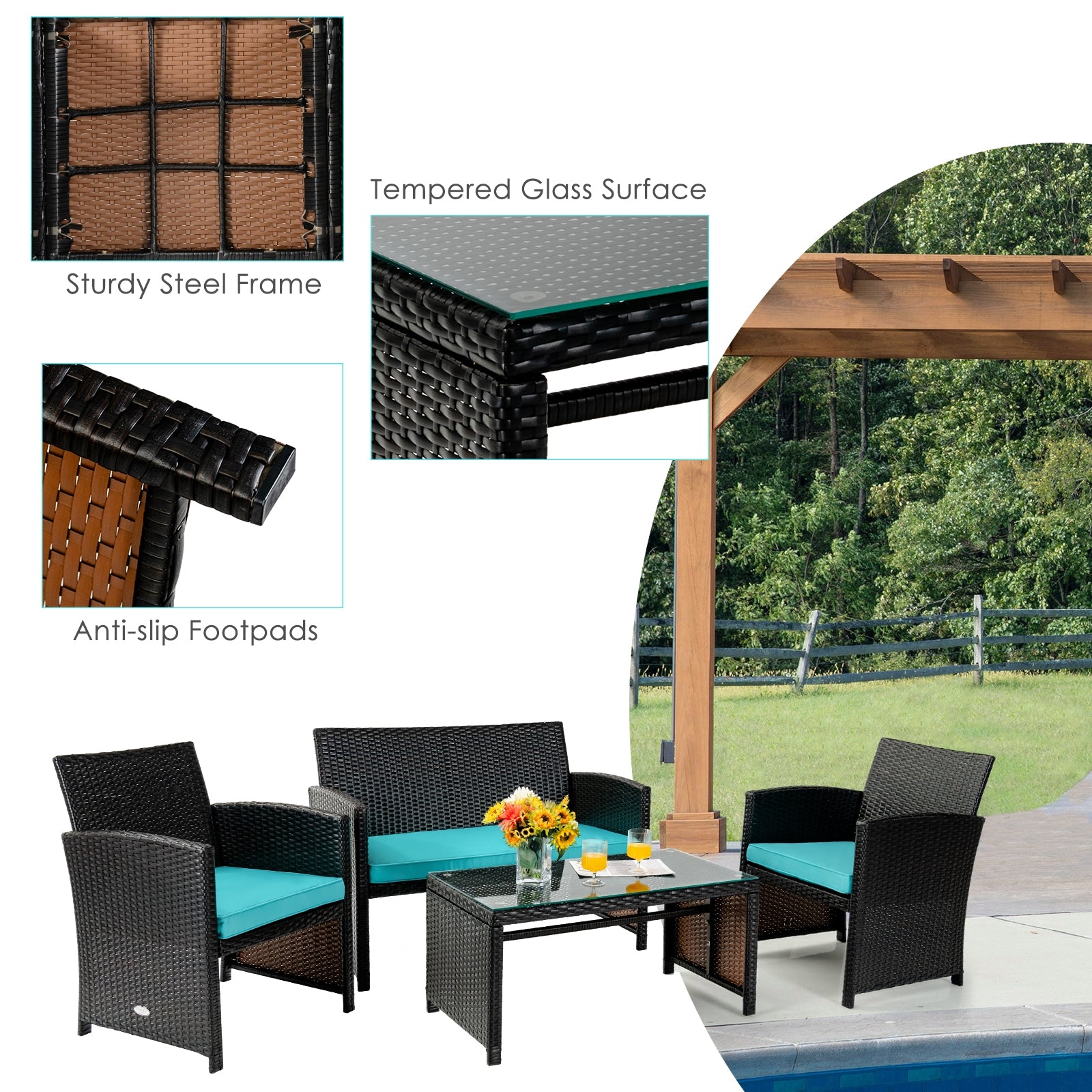 4 Pieces Patio Rattan Cushioned Furniture Set, Turquoise Patio Conversation Sets at Gallery Canada