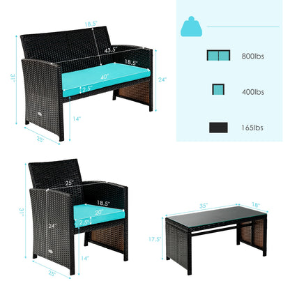 4 Pieces Patio Rattan Cushioned Furniture Set, Turquoise Patio Conversation Sets at Gallery Canada