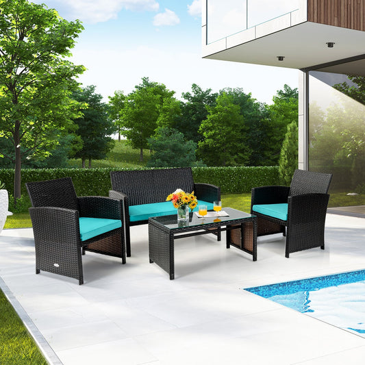 4 Pieces Patio Rattan Cushioned Furniture Set, Turquoise - Gallery Canada