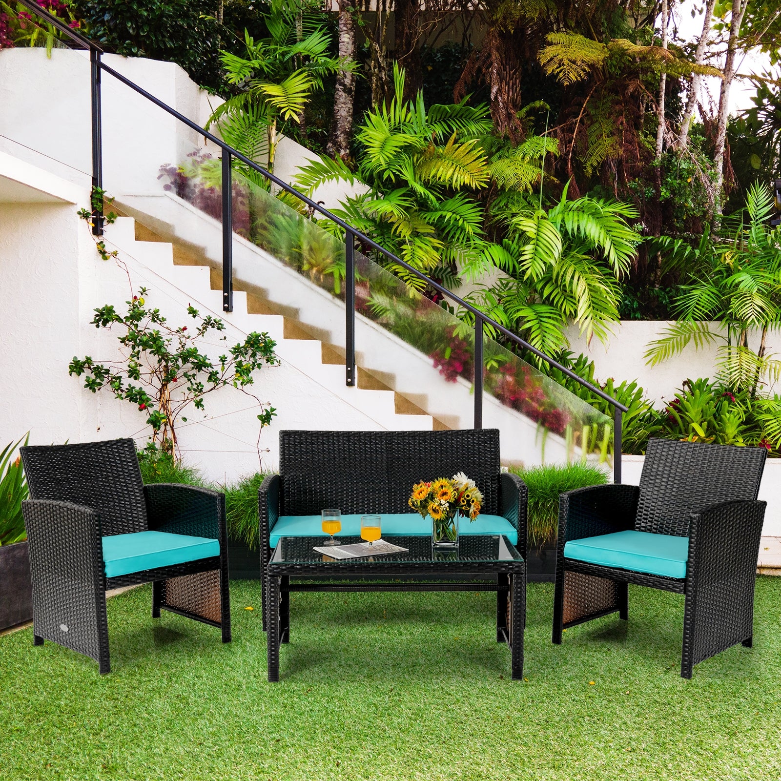 4 Pieces Patio Rattan Cushioned Furniture Set, Turquoise Patio Conversation Sets at Gallery Canada