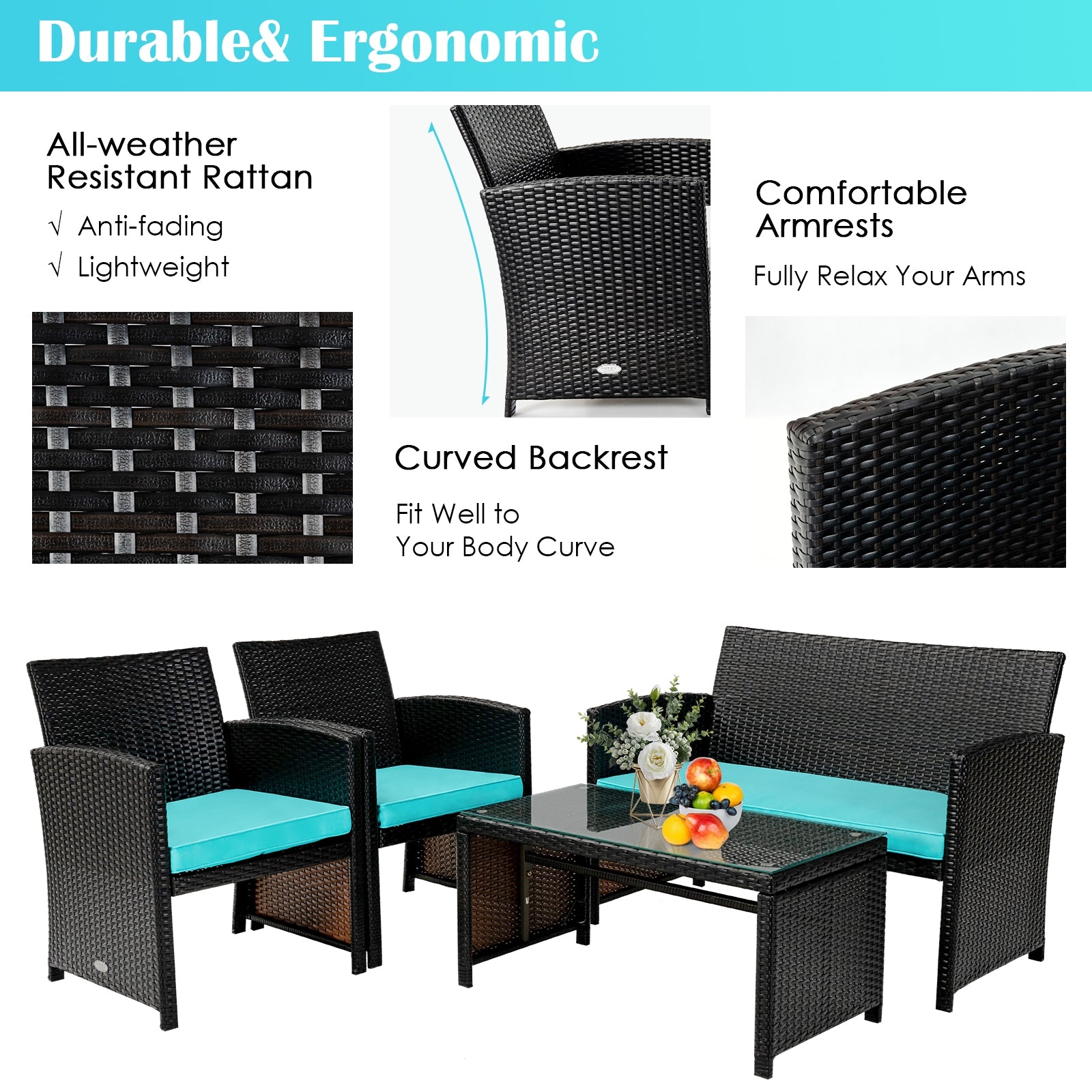 4 Pieces Patio Rattan Cushioned Furniture Set, Turquoise Patio Conversation Sets at Gallery Canada