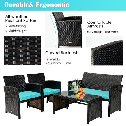 4 Pieces Patio Rattan Cushioned Furniture Set, Turquoise Patio Conversation Sets at Gallery Canada