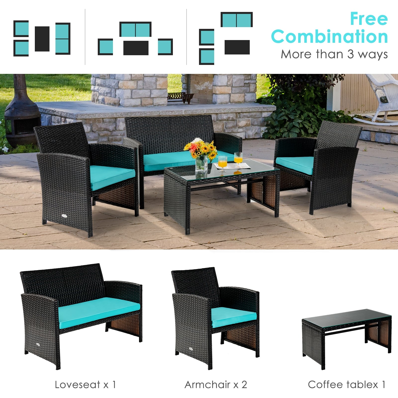 4 Pieces Patio Rattan Cushioned Furniture Set, Turquoise Patio Conversation Sets at Gallery Canada