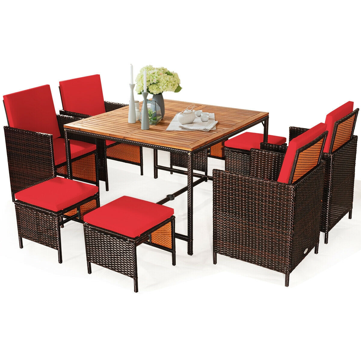 9PCS Rattan Dining Chair Set, Cushioned, Red Patio Dining Sets at Gallery Canada