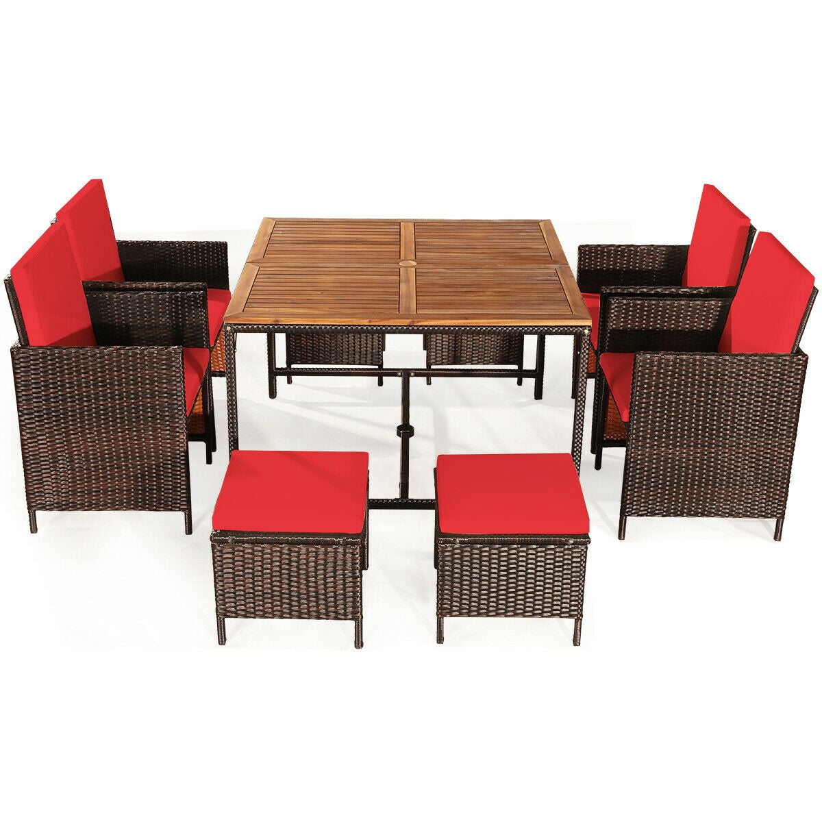 9PCS Patio Rattan Dining Cushioned Chairs Set, Red Patio Dining Sets Red at Gallery Canada