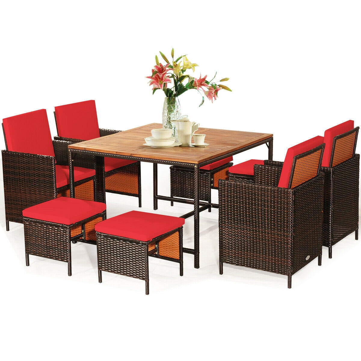 9PCS Patio Rattan Dining Cushioned Chairs Set, Red Patio Dining Sets at Gallery Canada