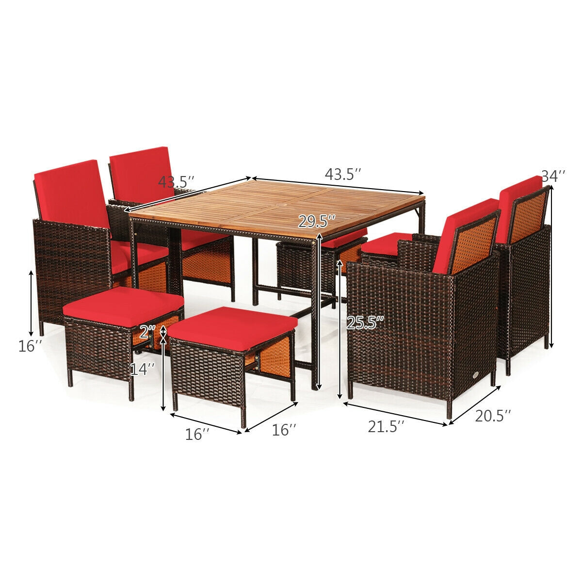 9PCS Patio Rattan Dining Cushioned Chairs Set, Red Patio Dining Sets at Gallery Canada