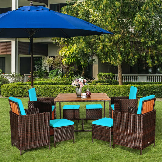 9PCS Patio Rattan Dining Cushioned Chairs Set, Turquoise - Gallery Canada