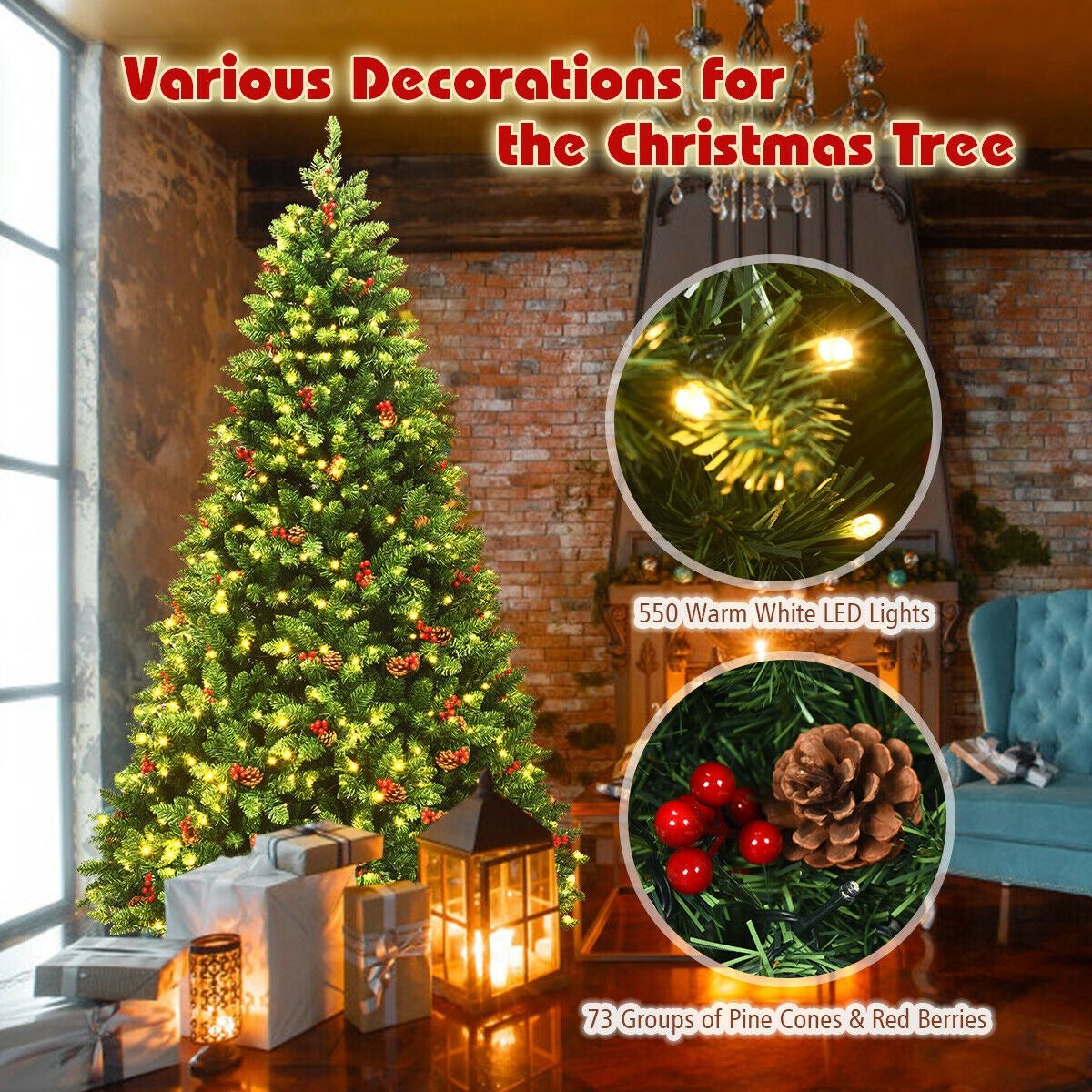 7.5 Feet Pre-lit Hinged Christmas Tree with 550 LED Lights and Sturdy Metal Stand, Green Christmas Tree at Gallery Canada