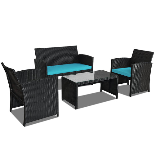 4-Piece Rattan Patio Set, Weather Resistant Cushions, Tempered Glass Tabletop, Turquoise