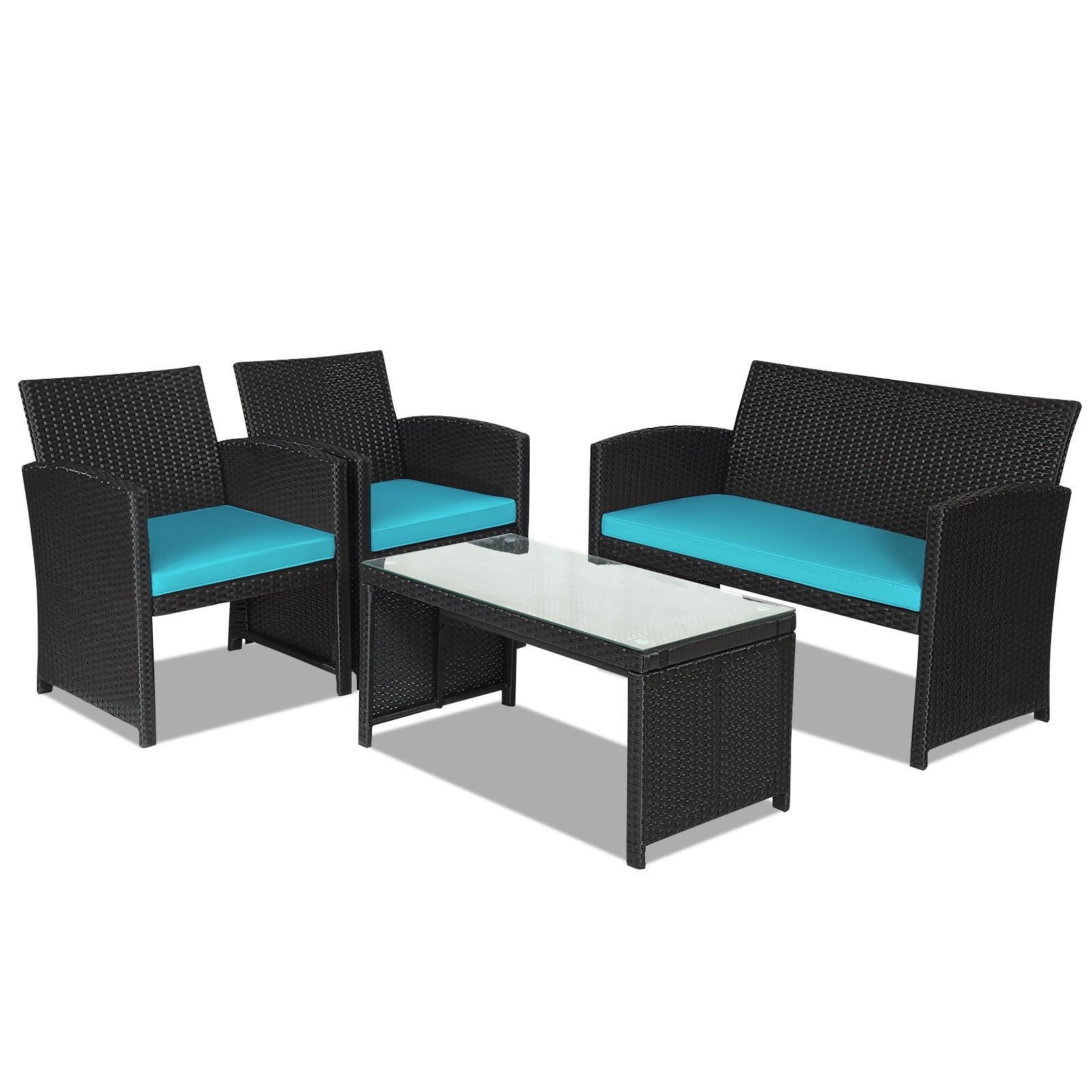 4 Pieces Rattan Patio Furniture Set with Weather Resistant Cushions and Tempered Glass Tabletop, Turquoise Patio Conversation Sets at Gallery Canada
