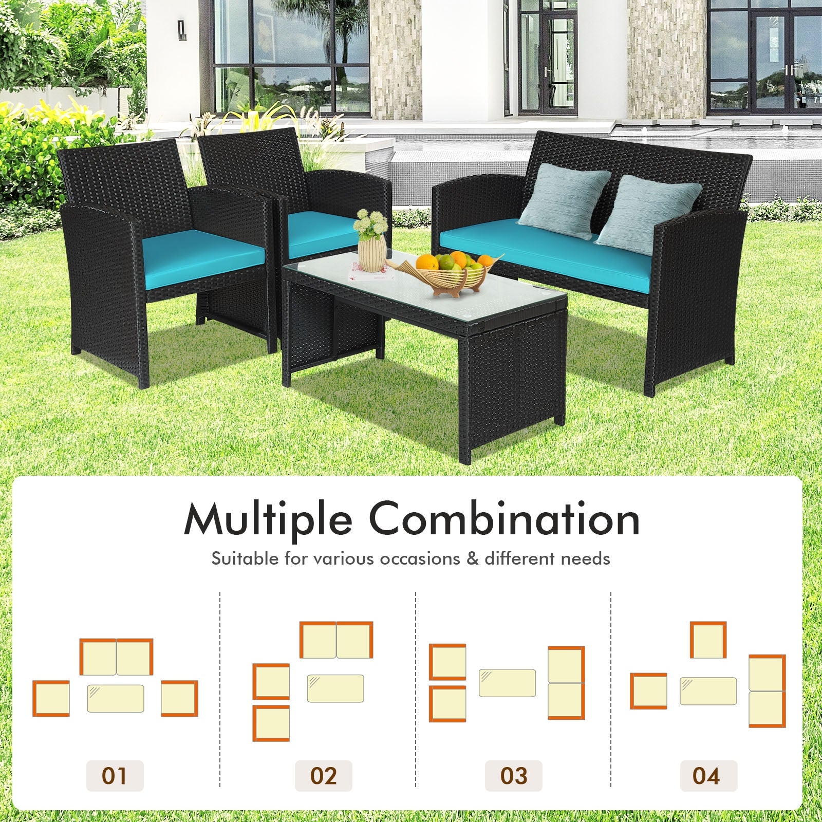 4 Pieces Rattan Patio Furniture Set with Weather Resistant Cushions and Tempered Glass Tabletop, Turquoise Patio Conversation Sets at Gallery Canada