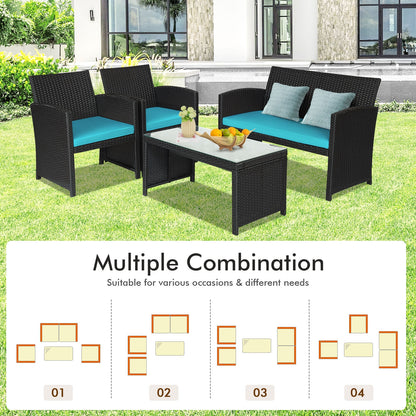 4 Pieces Rattan Patio Furniture Set with Weather Resistant Cushions and Tempered Glass Tabletop, Turquoise Patio Conversation Sets at Gallery Canada