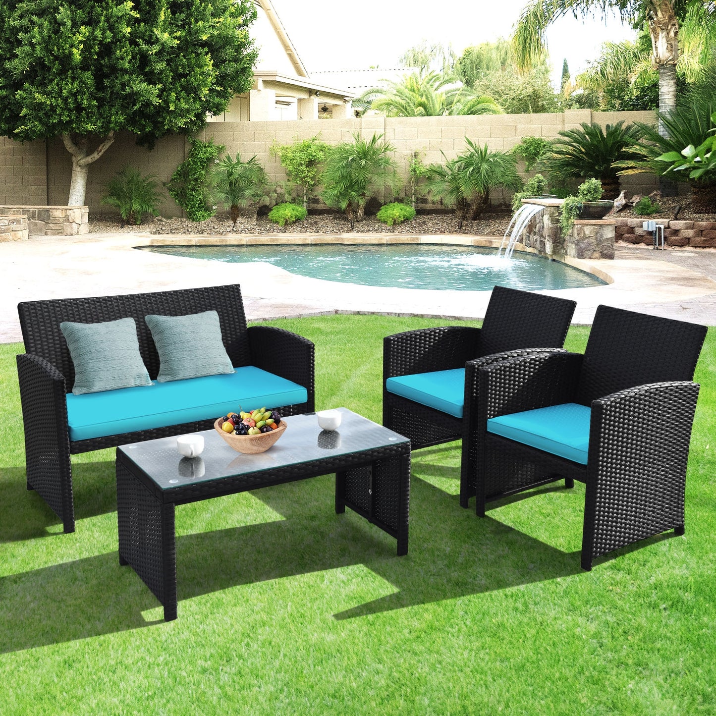 4 Pieces Rattan Patio Furniture Set with Weather Resistant Cushions and Tempered Glass Tabletop, Turquoise Patio Conversation Sets at Gallery Canada