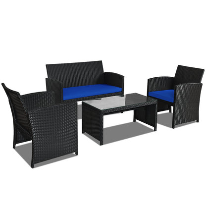 4 Pieces Rattan Patio Furniture Set with Weather Resistant Cushions and Tempered Glass Tabletop, Navy Patio Conversation Sets Navy at Gallery Canada