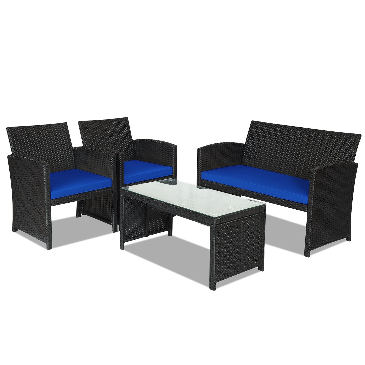 4 Pieces Rattan Patio Furniture Set with Weather Resistant Cushions and Tempered Glass Tabletop, Navy Patio Conversation Sets at Gallery Canada