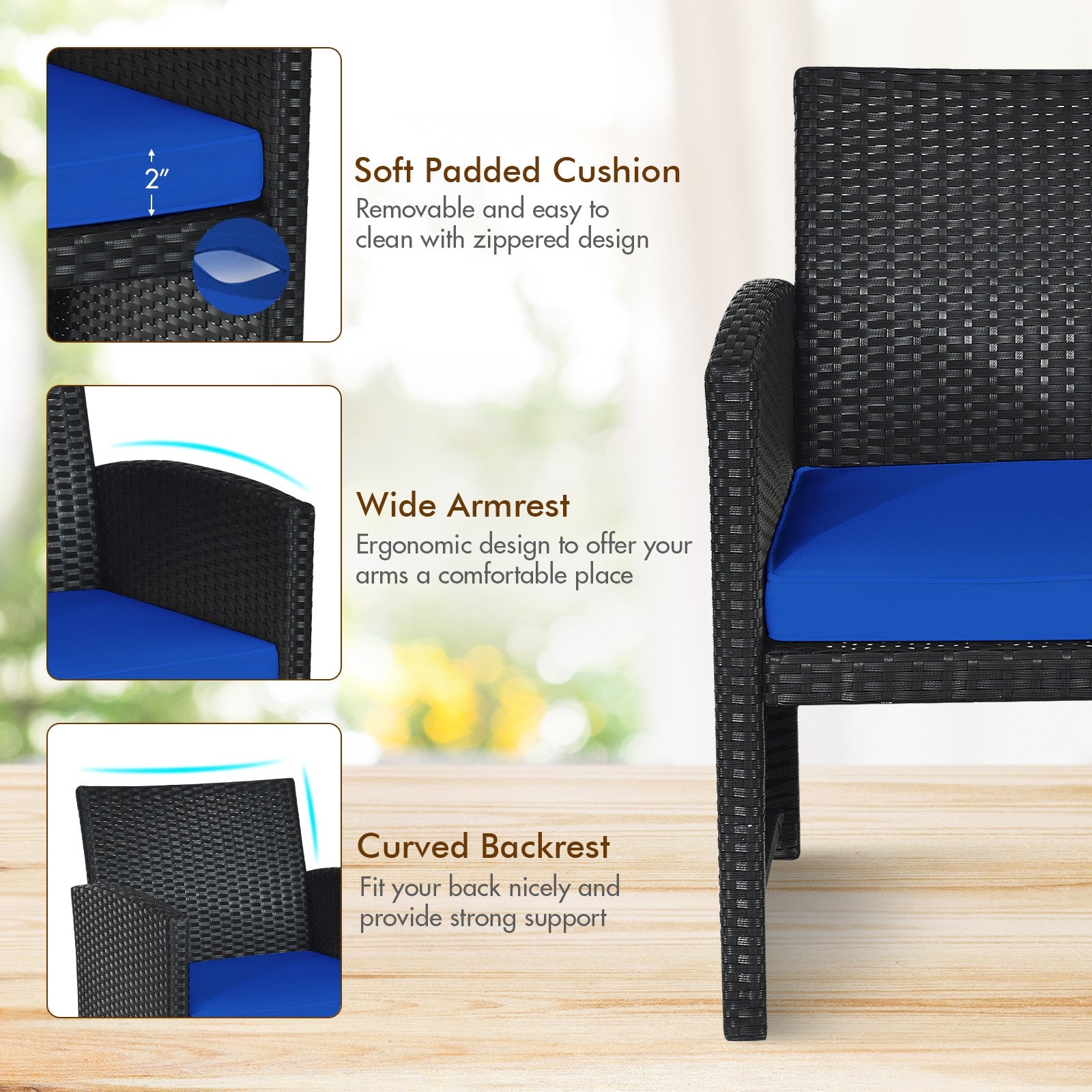 4 Pieces Rattan Patio Furniture Set with Weather Resistant Cushions and Tempered Glass Tabletop, Navy Patio Conversation Sets at Gallery Canada