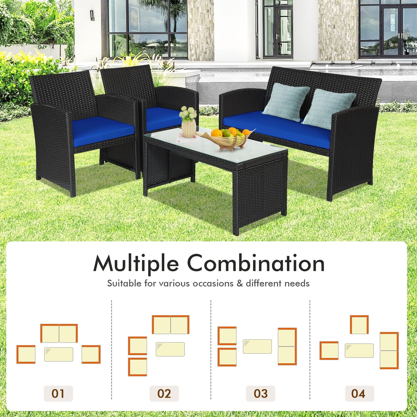 4 Pieces Rattan Patio Furniture Set with Weather Resistant Cushions and Tempered Glass Tabletop, Navy Patio Conversation Sets at Gallery Canada