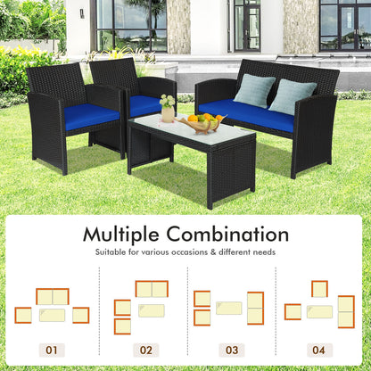 4 Pieces Rattan Patio Furniture Set with Weather Resistant Cushions and Tempered Glass Tabletop, Navy Patio Conversation Sets at Gallery Canada