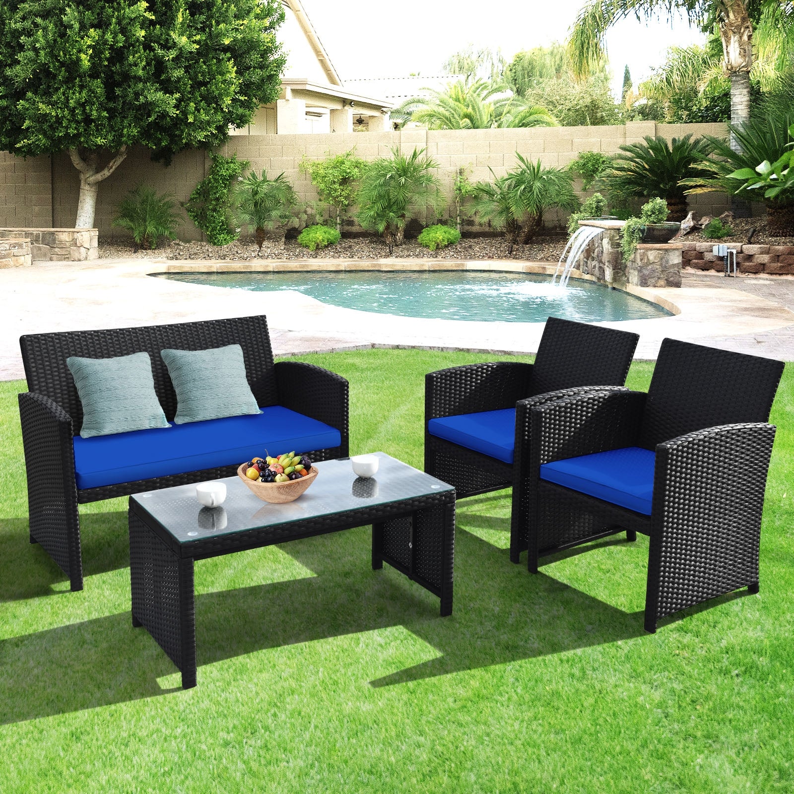 4 Pieces Rattan Patio Furniture Set with Weather Resistant Cushions and Tempered Glass Tabletop, Navy Patio Conversation Sets at Gallery Canada