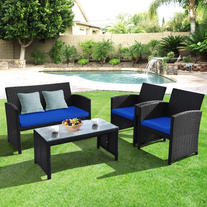 4 Pieces Rattan Patio Furniture Set with Weather Resistant Cushions and Tempered Glass Tabletop, Navy Patio Conversation Sets at Gallery Canada