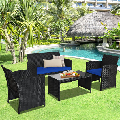 4 Pieces Rattan Patio Furniture Set with Weather Resistant Cushions and Tempered Glass Tabletop, Navy Patio Conversation Sets at Gallery Canada