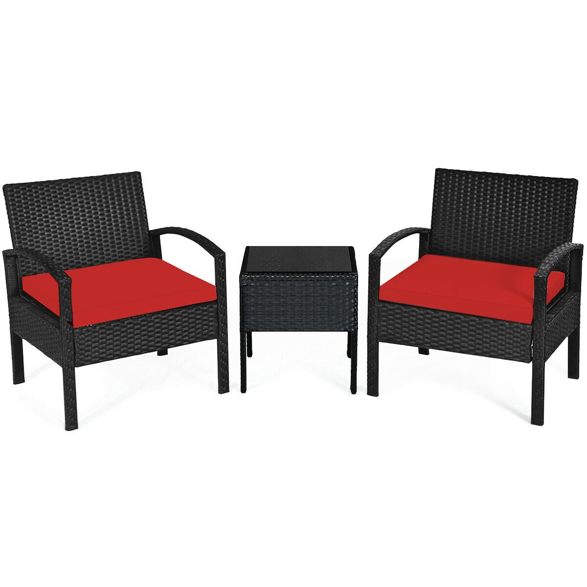 3 Pieces Outdoor Rattan Patio Conversation Set with Seat Cushions, Red Patio Conversation Sets at Gallery Canada