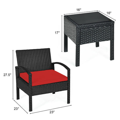 3 Pieces Outdoor Rattan Patio Conversation Set with Seat Cushions, Red Patio Conversation Sets at Gallery Canada