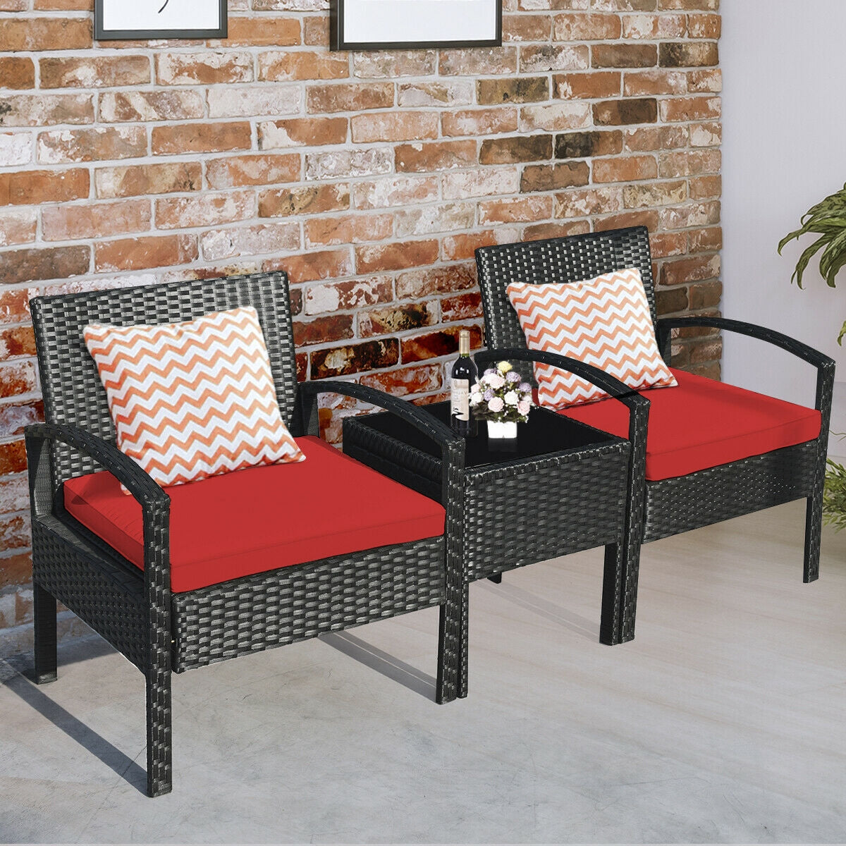 3 Pieces Outdoor Rattan Patio Conversation Set with Seat Cushions, Red Patio Conversation Sets at Gallery Canada