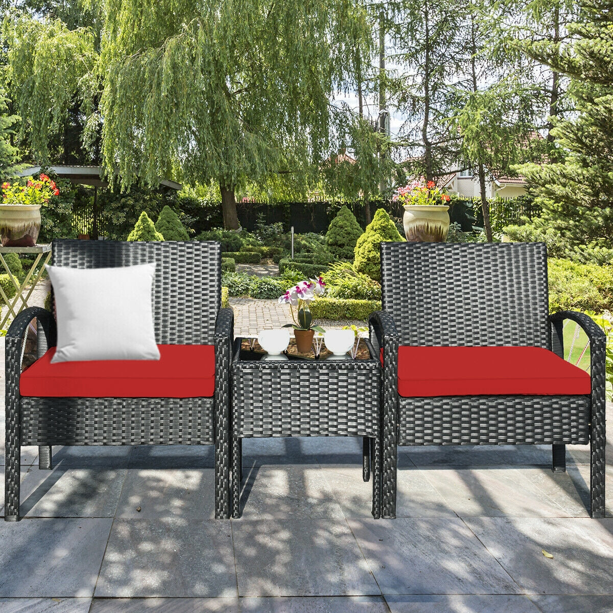 3 Pieces Outdoor Rattan Patio Conversation Set with Seat Cushions, Red Patio Conversation Sets at Gallery Canada