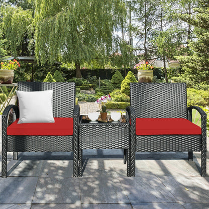 3 Pieces Outdoor Rattan Patio Conversation Set with Seat Cushions, Red Patio Conversation Sets at Gallery Canada