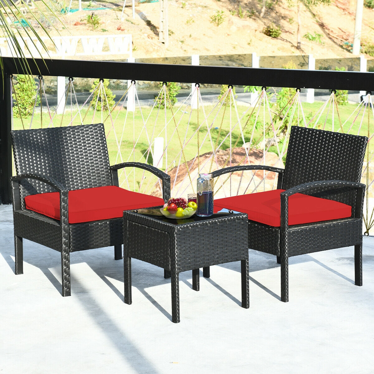 3 Pieces Outdoor Rattan Patio Conversation Set with Seat Cushions, Red Patio Conversation Sets at Gallery Canada