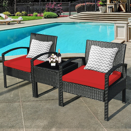 3 Pieces Outdoor Rattan Patio Conversation Set with Seat Cushions, Red - Gallery Canada