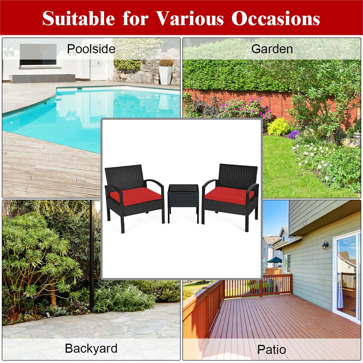 3 Pieces Outdoor Rattan Patio Conversation Set with Seat Cushions, Red Patio Conversation Sets at Gallery Canada