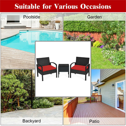 3 Pieces Outdoor Rattan Patio Conversation Set with Seat Cushions, Red Patio Conversation Sets at Gallery Canada