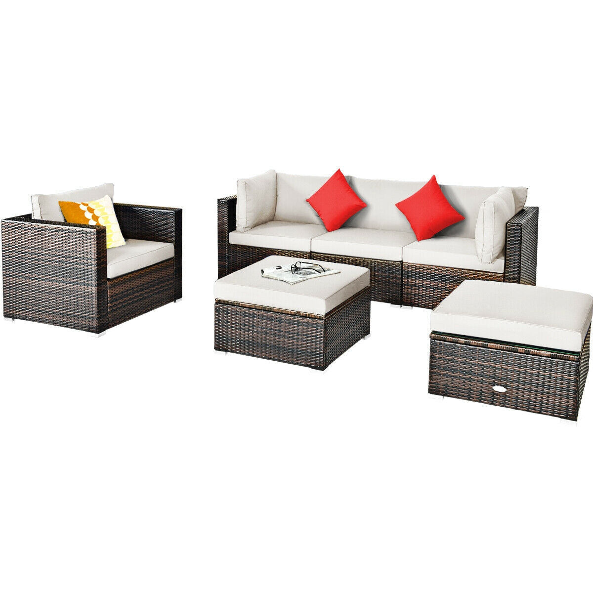 6 Pieces Patio Rattan Furniture Set with Sectional Cushion, White Outdoor Sectionals at Gallery Canada