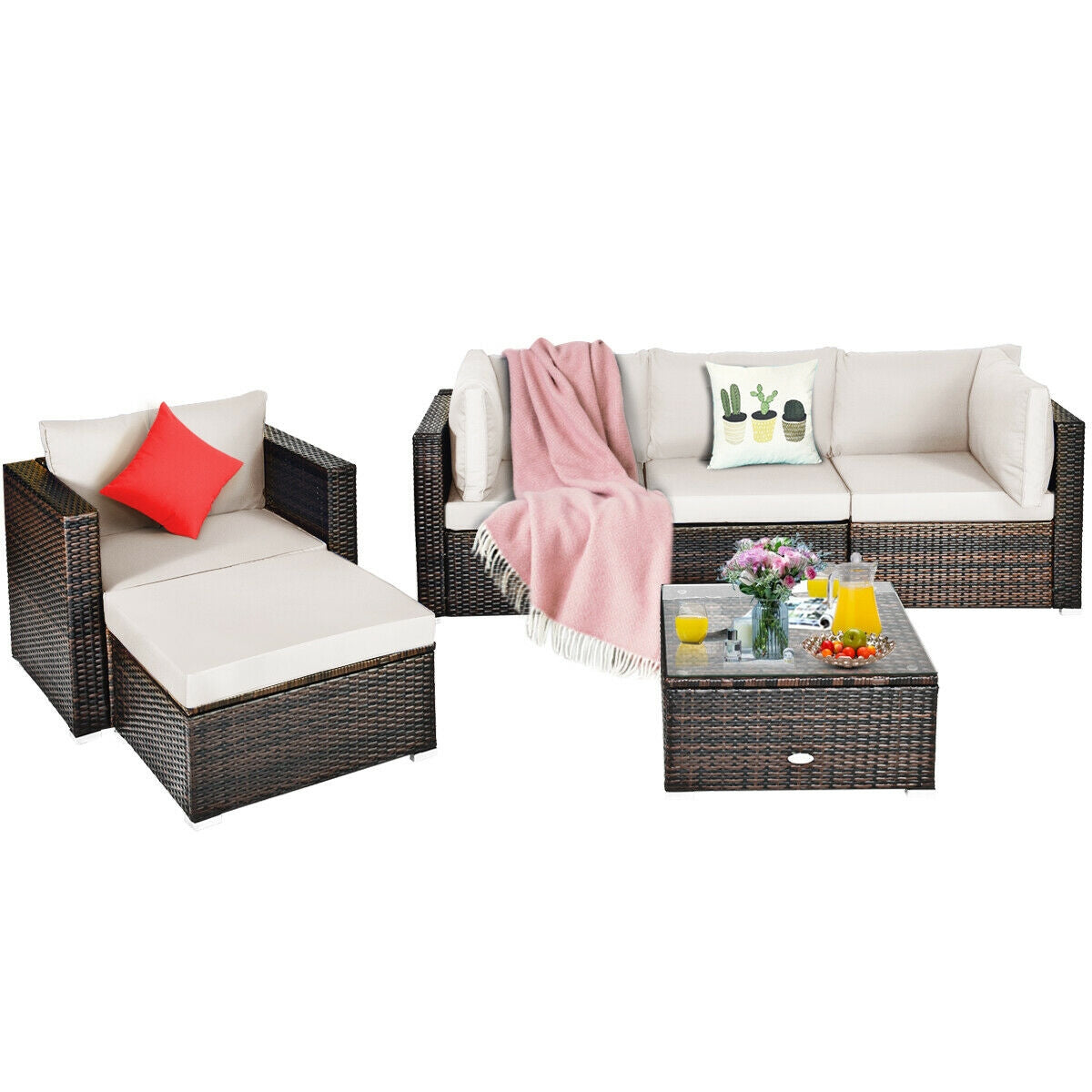 6 Pieces Patio Rattan Furniture Set with Sectional Cushion, White Outdoor Sectionals at Gallery Canada