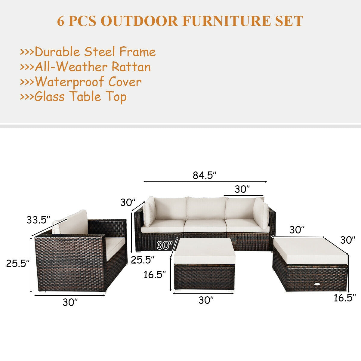 6 Pieces Patio Rattan Furniture Set with Sectional Cushion, White Outdoor Sectionals at Gallery Canada