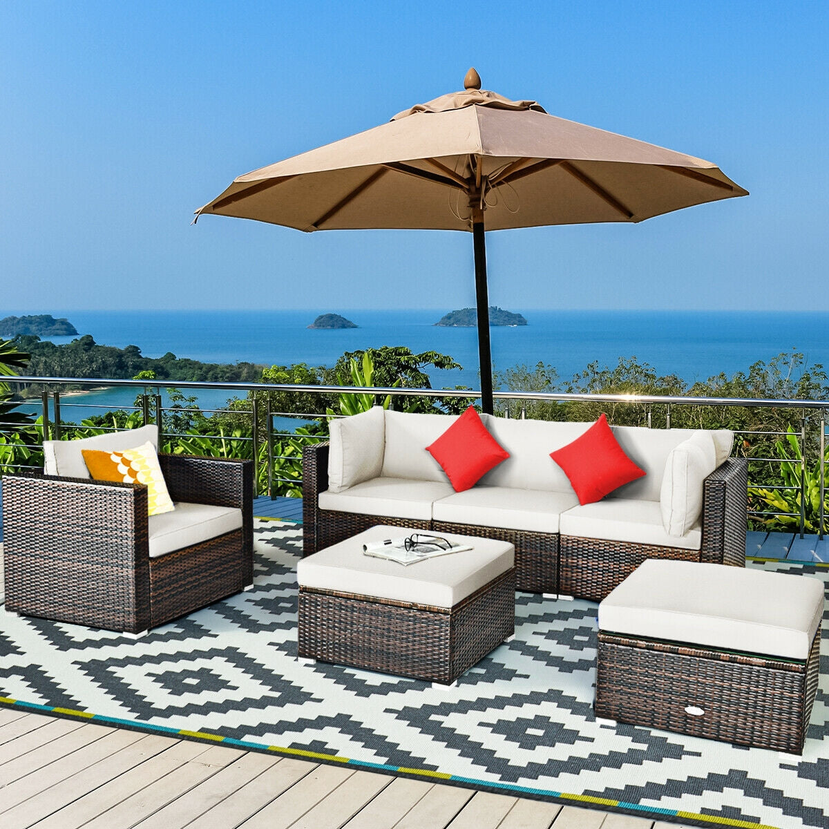 6 Pieces Patio Rattan Furniture Set with Sectional Cushion, White Outdoor Sectionals at Gallery Canada