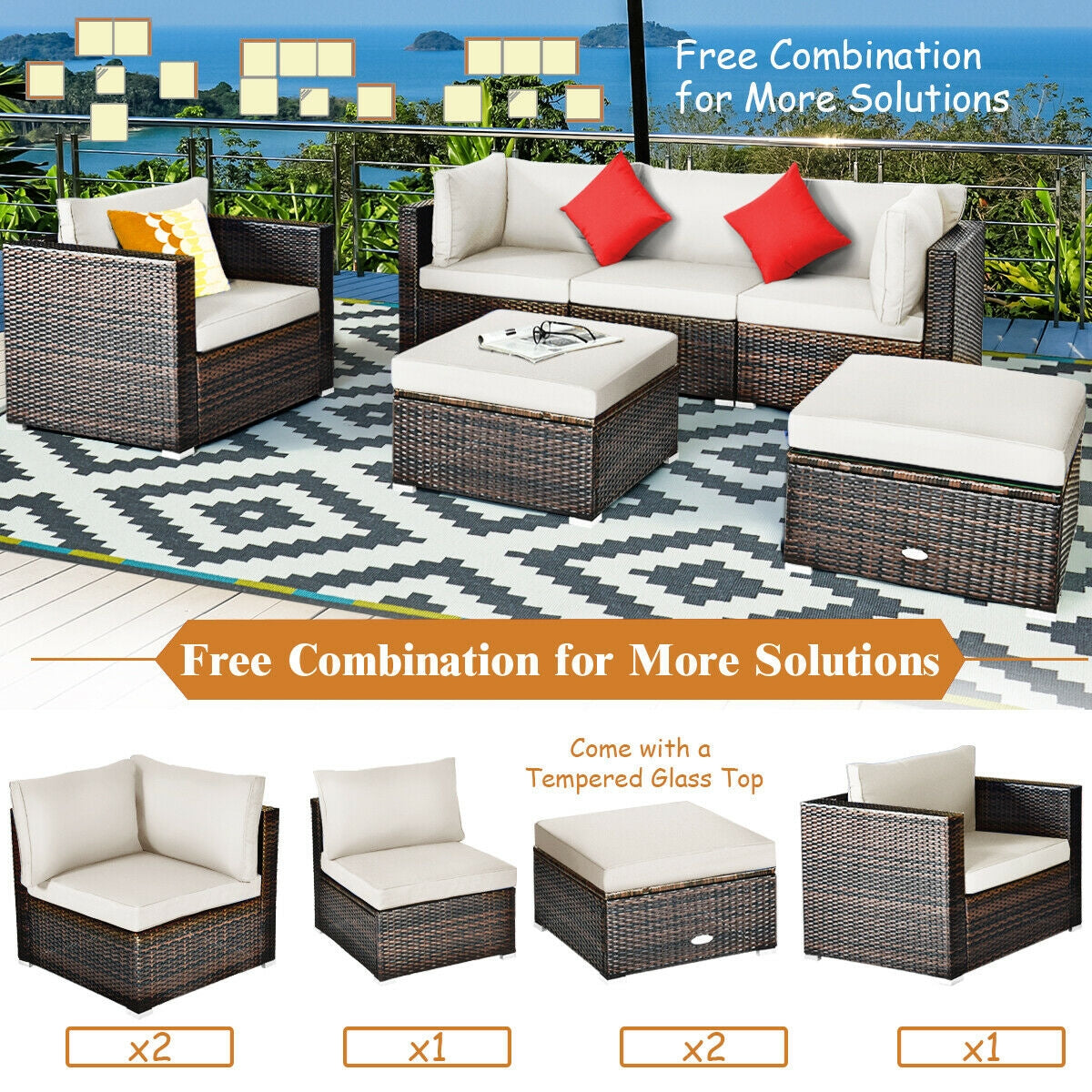 6 Pieces Patio Rattan Furniture Set with Sectional Cushion, White Outdoor Sectionals at Gallery Canada