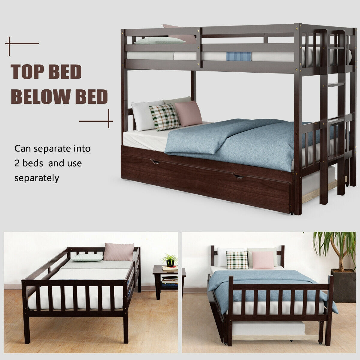 Twin Pull-Out Bunk Bed with Trundle Wooden Ladder, Dark Brown Bunk Bed Frame at Gallery Canada