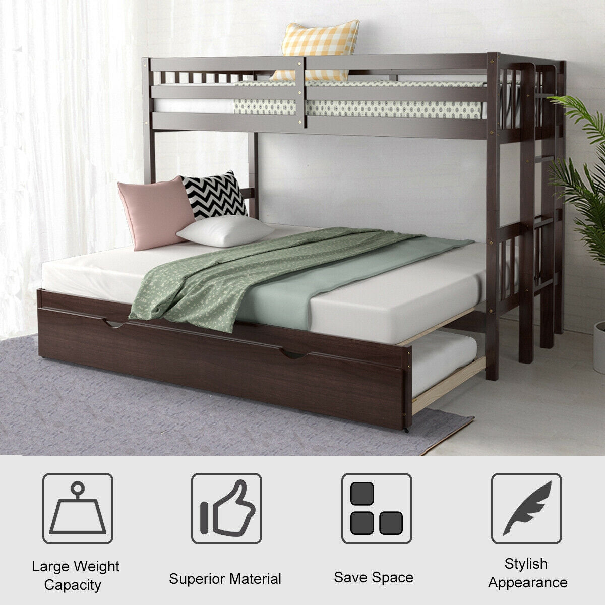 Twin Pull-Out Bunk Bed with Trundle Wooden Ladder, Dark Brown Bunk Bed Frame at Gallery Canada