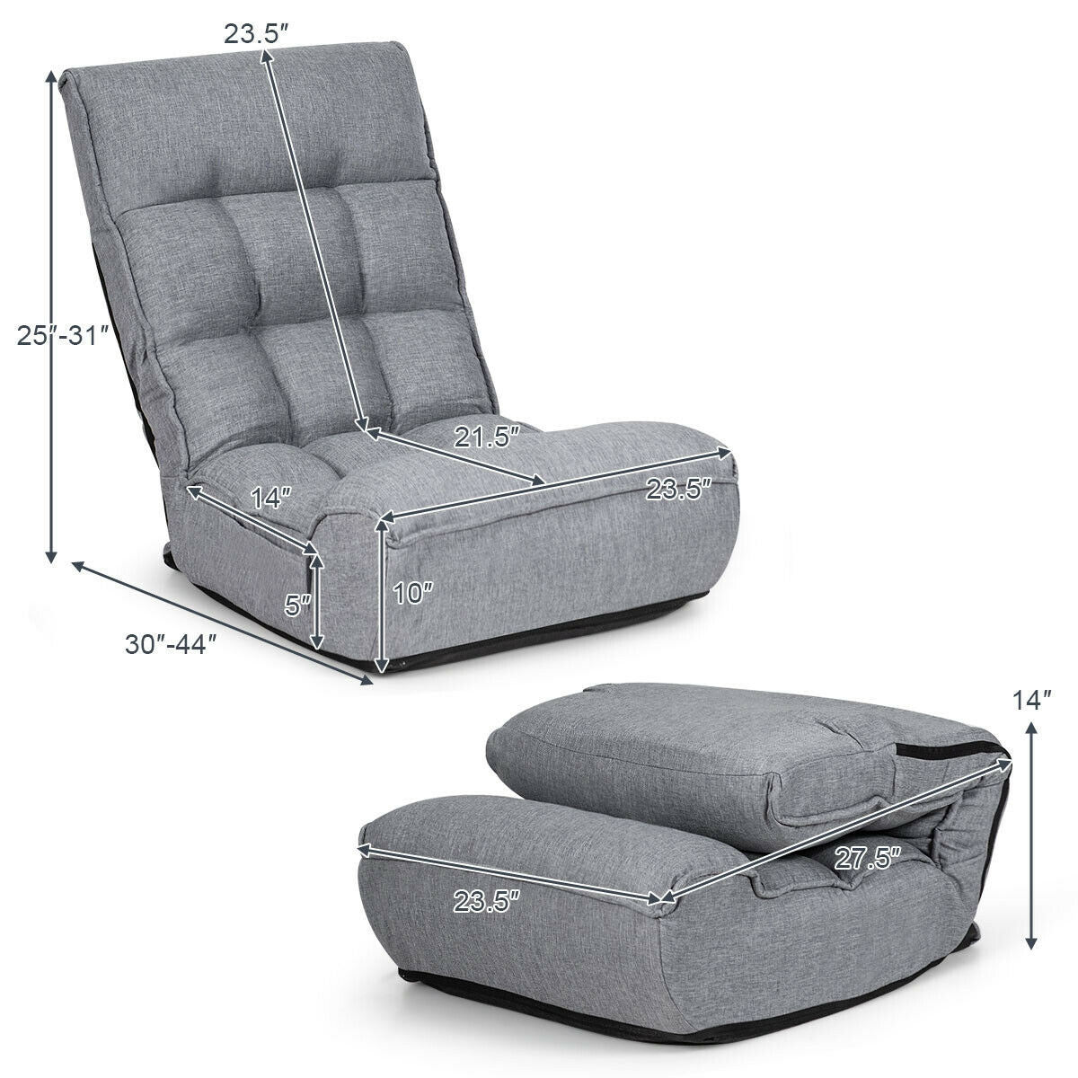 4-Position Adjustable Floor Chair Folding Lazy Sofa, Gray Floor Chairs at Gallery Canada