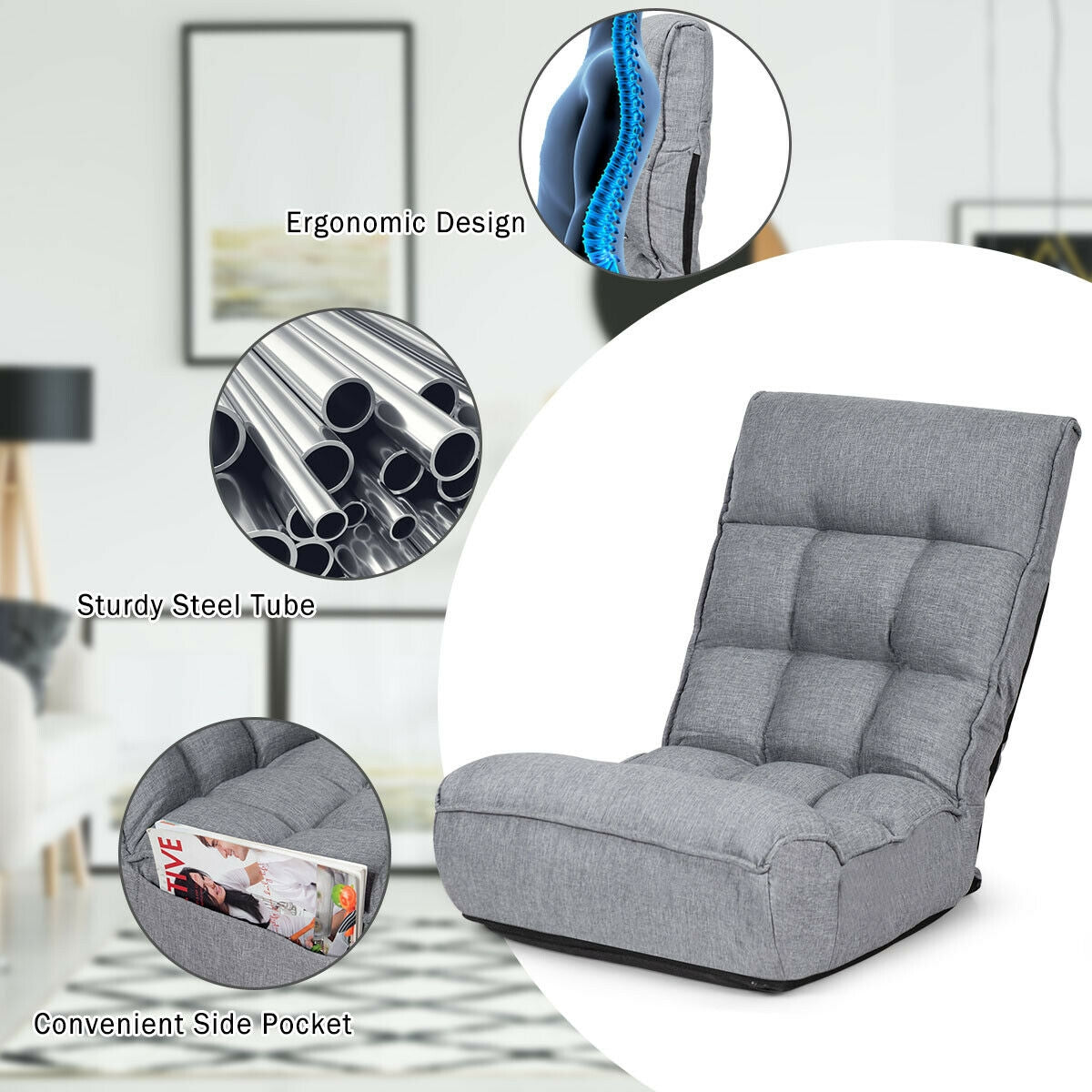 4-Position Adjustable Floor Chair Folding Lazy Sofa, Gray Floor Chairs at Gallery Canada