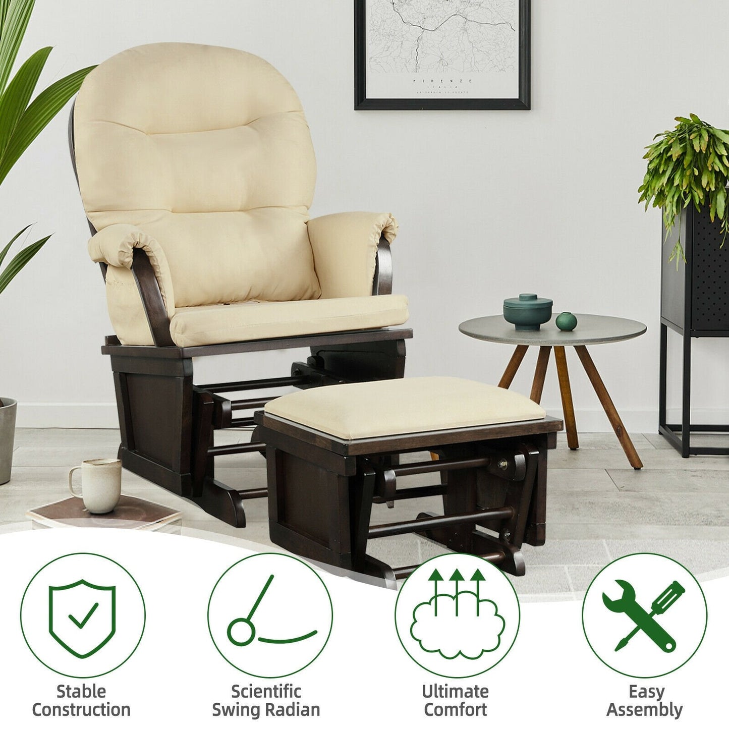 Wood Baby Glider and Ottoman Cushion Set with Padded Armrests for Nursing, Beige - Gallery Canada