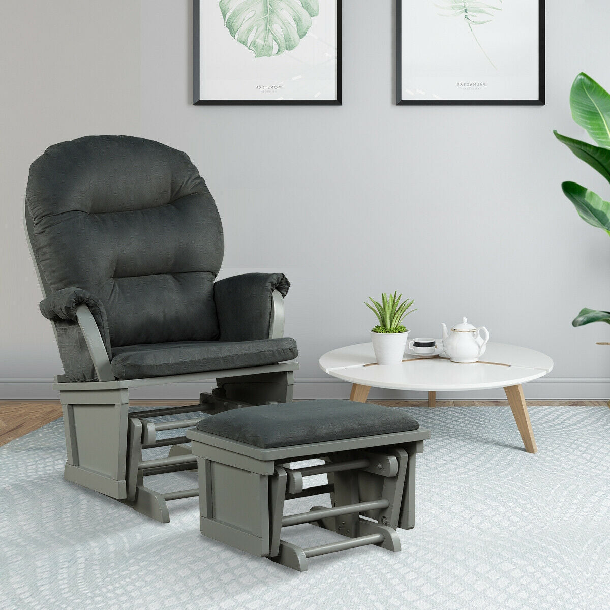Wood Baby Glider and Ottoman Cushion Set with Padded Armrests for Nursing, Dark Gray Recliners at Gallery Canada