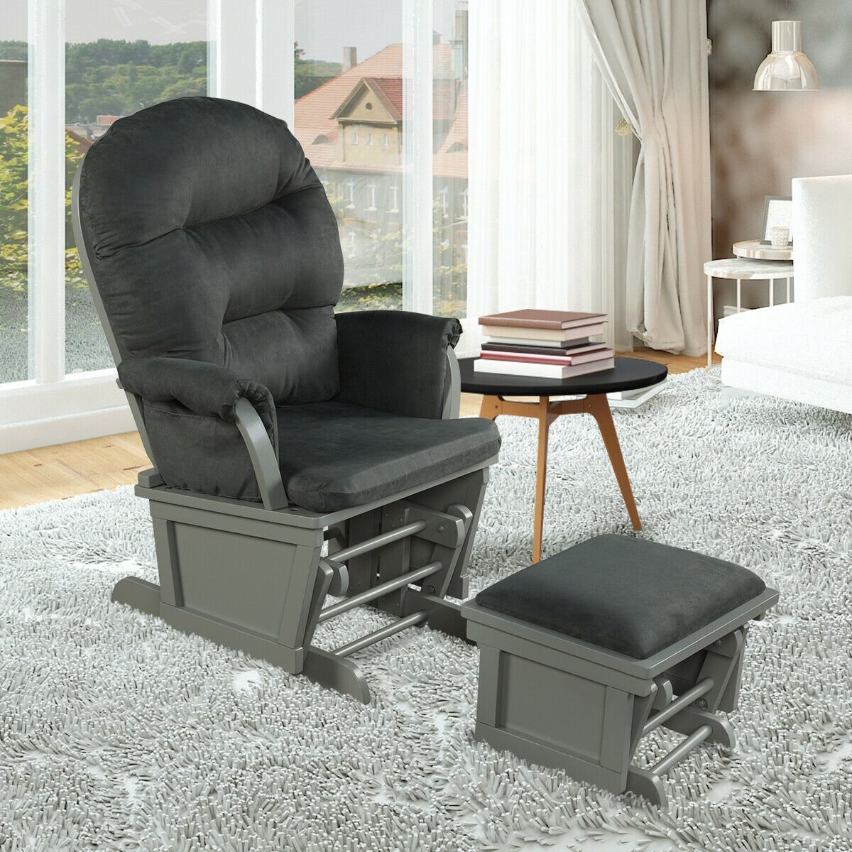 Wood Baby Glider and Ottoman Cushion Set with Padded Armrests for Nursing, Dark Gray - Gallery Canada